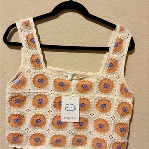 Rebellion Crochet Square-Neck Crop Top in Cream, Peach & Lavender